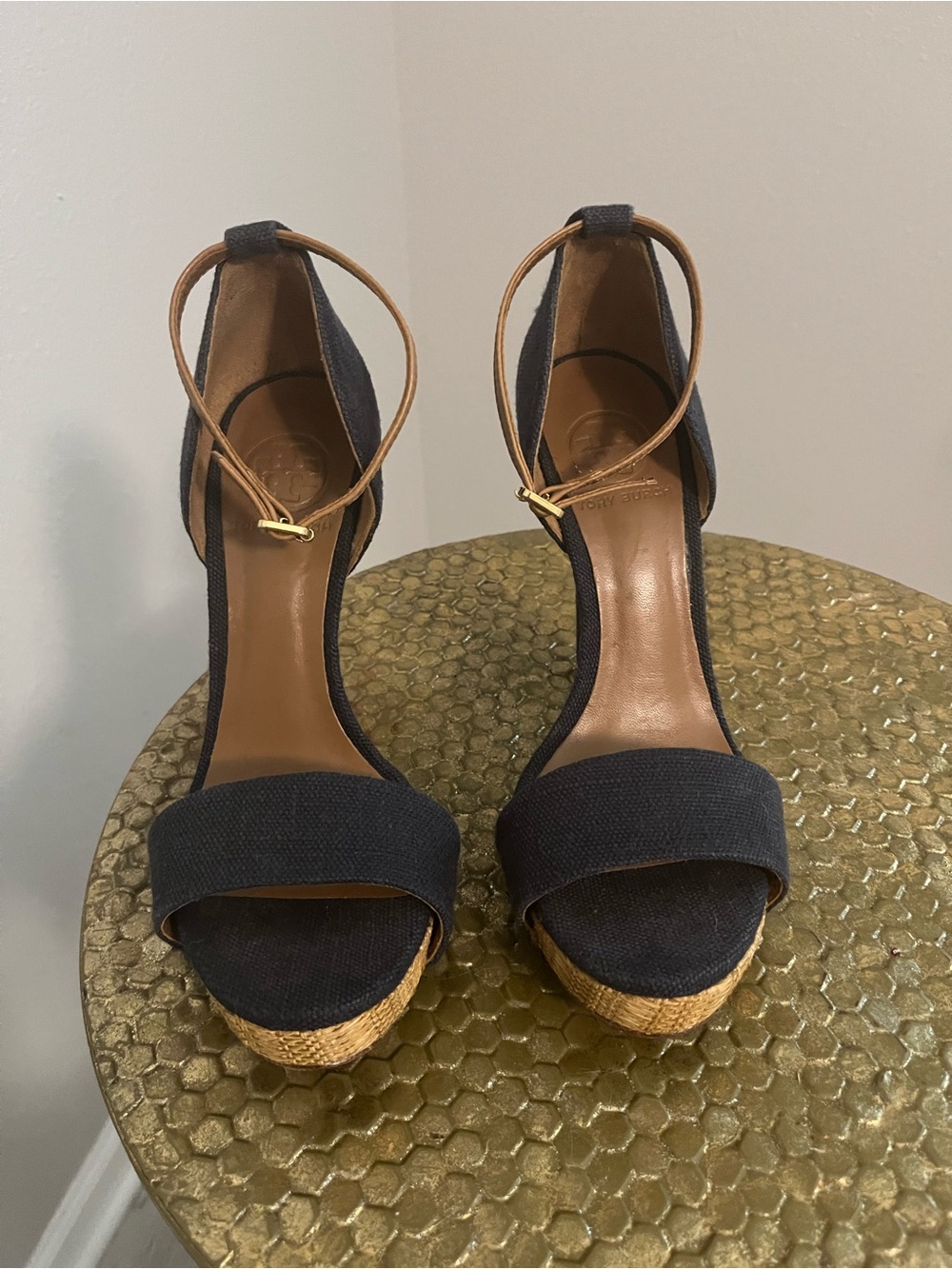 Tory Burch Navy and Tan Platform Ankle-Strap Heels 7 summer open toe